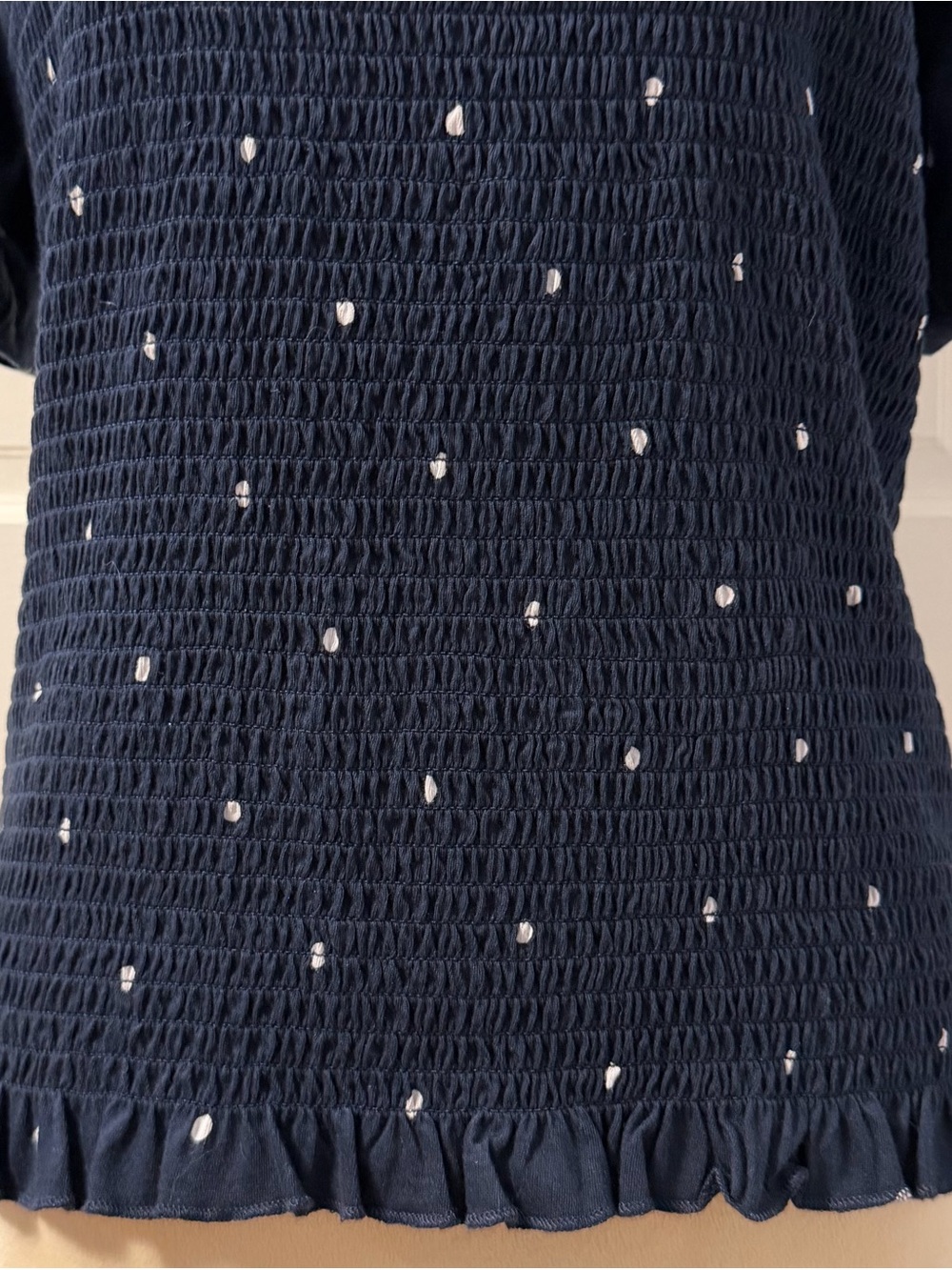 Nautica Women's Navy Blue and White Polka Dot Short Sleeve Smocked Top, Size M - Picture 3 of 9